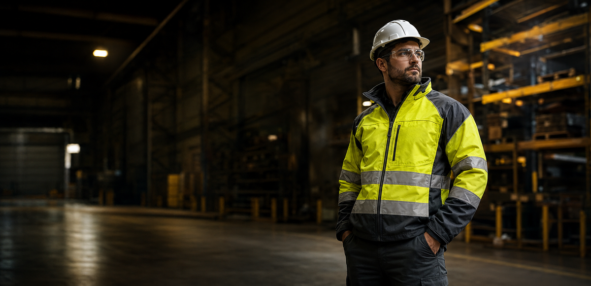Darbinieks augstas redzamības darba apģērbā industriālā vidē